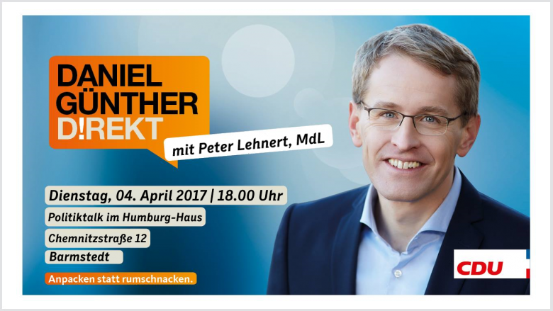 Politiktalk mit Daniel Günther am 04. April 2017, 18.00 Uhr